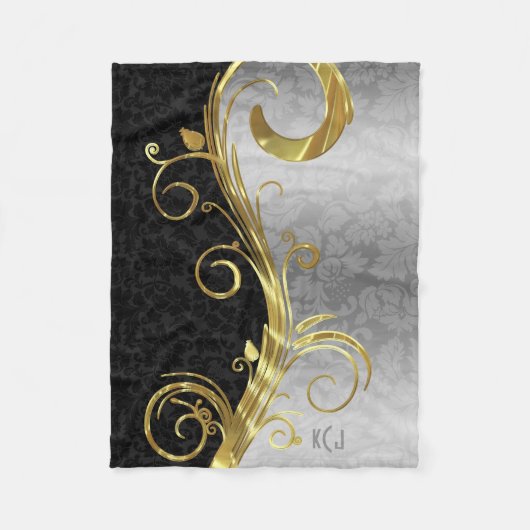 Elegant Black Dammaskers Gold en Silver Swirls Fleece Deken (Voorkant)