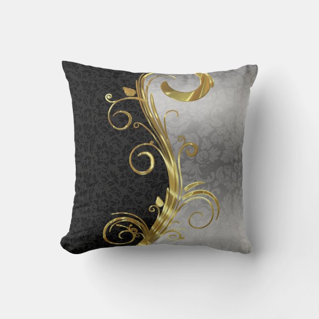 Elegant Black Dammaskers Gold en Silver Swirls Kussen (Voorkant)