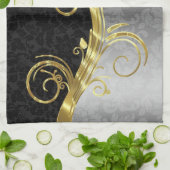 Elegant Black Dammaskers Gold en Silver Swirls Theedoek (Gevouwen)