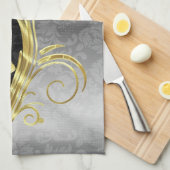 Elegant Black Dammaskers Gold en Silver Swirls Theedoek (Quarter Fold)