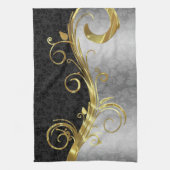 Elegant Black Dammaskers Gold en Silver Swirls Theedoek (Verticaal)