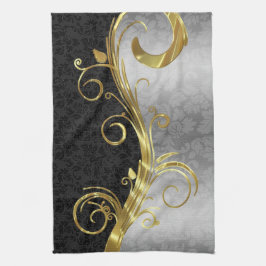 Elegant Black Dammaskers Gold en Silver Swirls Theedoek