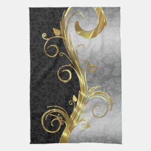 Elegant Black Dammaskers Gold en Silver Swirls Theedoek