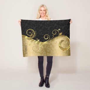 Elegant Black Dammaskers Gold Swirls Fleece Deken