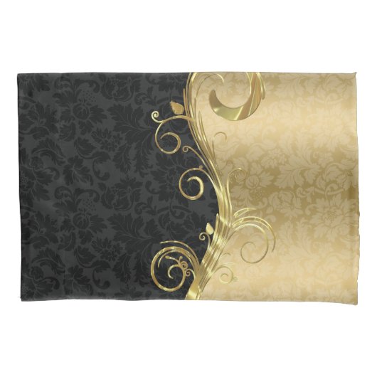 Elegant Black Dammaskers Gold Swirls Kussensloop (Voorkant)