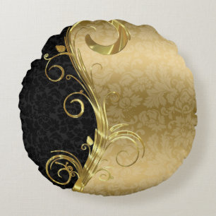 Elegant Black Dammaskers Gold Swirls Rond Kussen