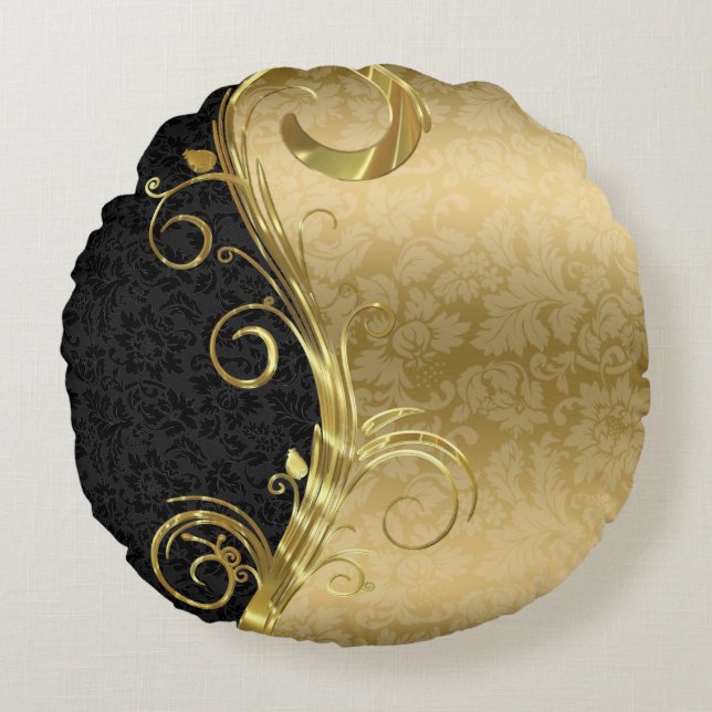 Elegant Black Dammaskers Gold Swirls Rond Kussen (Voorkant)