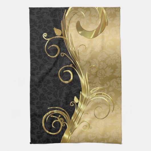 Elegant Black Dammaskers Gold Swirls Theedoek (Verticaal)