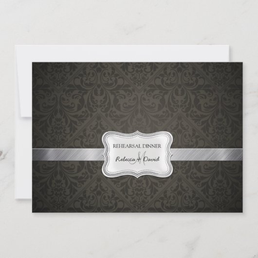 Elegant Black & Dark Grey Damask Rehearsal Dinner Kaart (Voorkant)