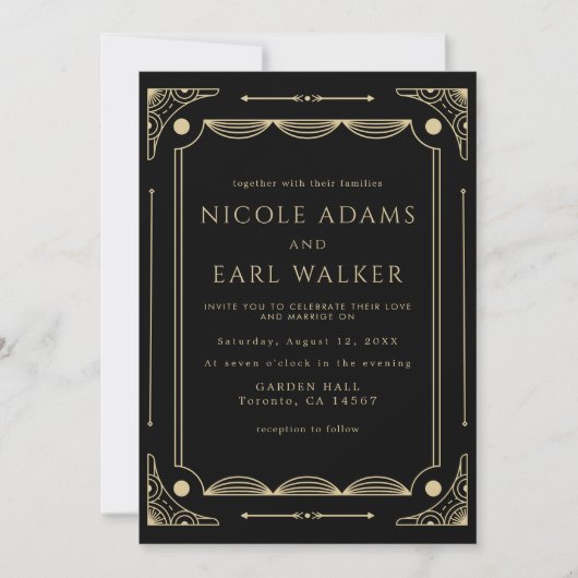 Elegant Black Deco Gold Wedding Kaart (Voorkant)