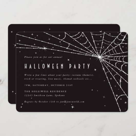 Elegant Black Diamond Spider Web Halloween Party Kaart (Voorkant / Achterkant)