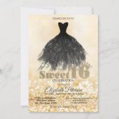 Elegant Black Dress Gold Bokeh Sweet 16 Party Kaart (Voorkant)