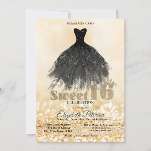 Elegant Black Dress Gold Bokeh Sweet 16 Party Kaart (Voorkant)