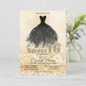 Elegant Black Dress Gold Bokeh Sweet 16 Party Kaart (Staand voorkant)