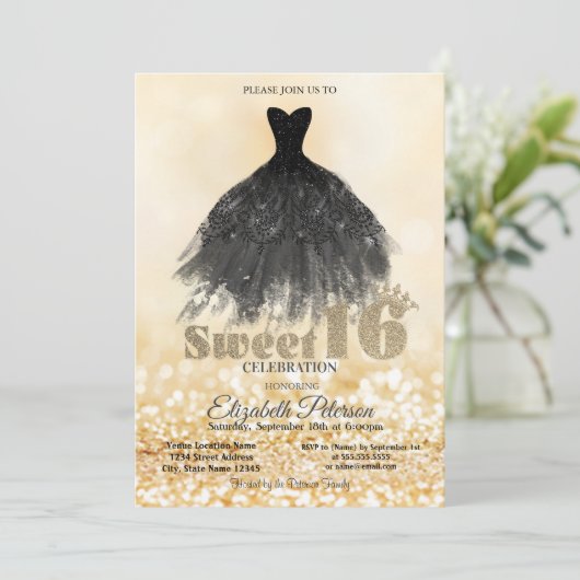 Elegant Black Dress Gold Bokeh Sweet 16 Party Kaart (Staand voorkant)