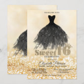 Elegant Black Dress Gold Bokeh Sweet 16 Party Kaart (Voorkant / Achterkant)