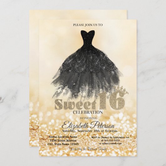 Elegant Black Dress Gold Bokeh Sweet 16 Party Kaart (Voorkant / Achterkant)