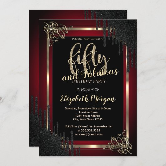 Elegant Black Drips Border Dark Red 50th Birthday Kaart (Voorkant / Achterkant)