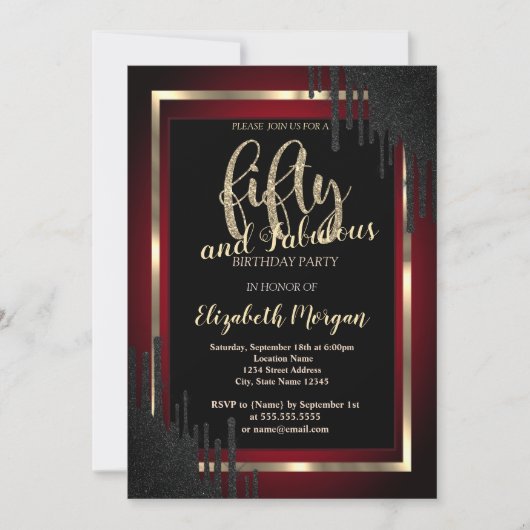 Elegant Black Drips Dark Red 50th Birthday Kaart (Voorkant)