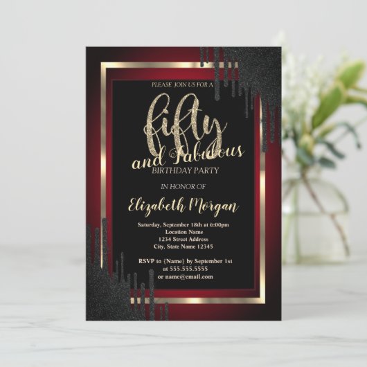 Elegant Black Drips Dark Red 50th Birthday Kaart (Staand voorkant)