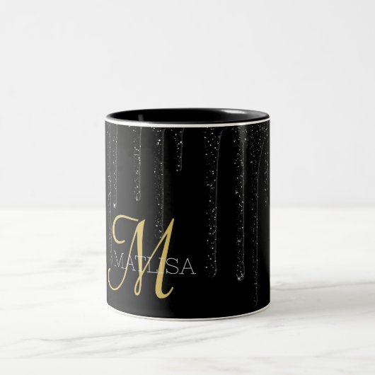 Elegant Black Driving Glitter Monogram Name Tweekleurige Koffiemok (Center)