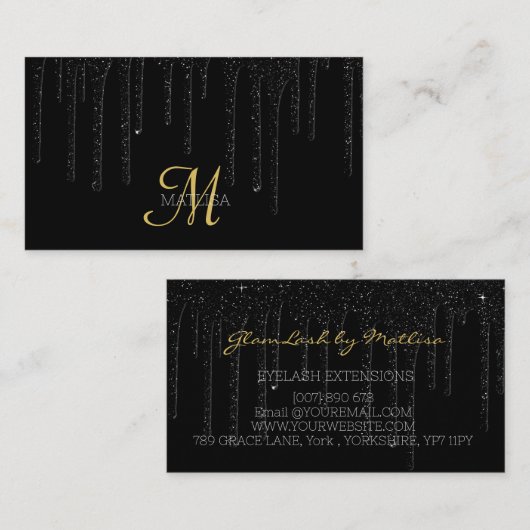 Elegant Black Driving Monogram Glitter Salon Drip Visitekaartje (Voorkant / Achterkant)