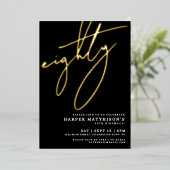 Elegant Black Eighty 80th Birthday Gold Folie Uitnodiging (Staand Voorkant)