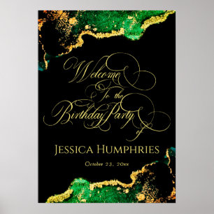 Elegant Black Emerald Gold Birthday WelkomstPoster Poster