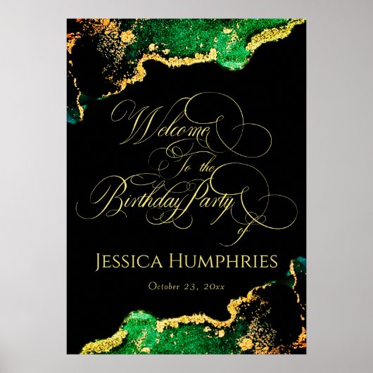 Elegant Black Emerald Gold Birthday WelkomstPoster Poster (Voorkant)