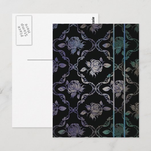 Elegant Black en Blue-Green Damask Rozen Briefkaart (Voorkant / Achterkant)