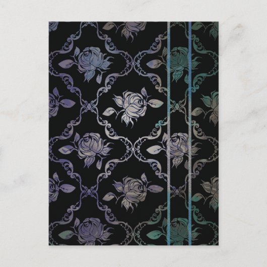 Elegant Black en Blue-Green Damask Rozen Briefkaart (Voorkant)