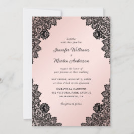 Elegant Black en Blush Pink Floral Lace Wedding Kaart