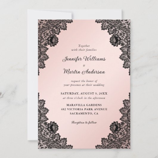 Elegant Black en Blush Pink Floral Lace Wedding Kaart (Voorkant)