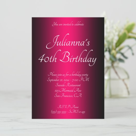 Elegant Black en Bright Pink Ombre 40th Birthday Kaart (Staand voorkant)