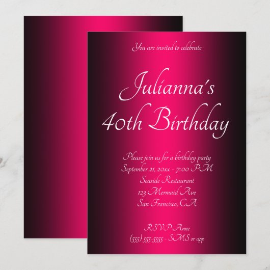 Elegant Black en Bright Pink Ombre 40th Birthday Kaart (Voorkant / Achterkant)