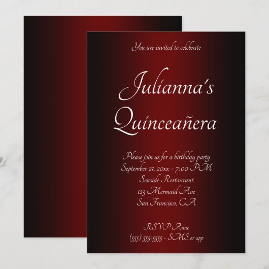 Elegant Black en Burgundy Ombre Quinceañera Kaart (Voorkant / Achterkant)