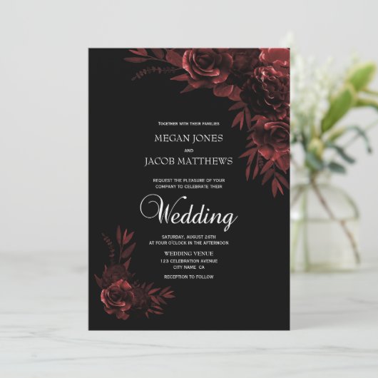Elegant Black en Copper Floral Wedding Kaart (Staand voorkant)