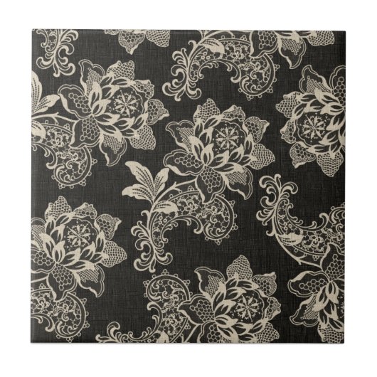 Elegant  Black en Cream Florals en Damask Tegeltje (Voorkant)