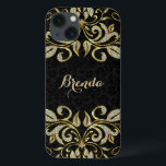 Elegant Black en Faux Gold en Glitter Case-Mate iPhone Case<br><div class="desc">Elegant faux gold and diamonds glitter floral swirl over zwarte florale damasjes. Als u om het even welke hulp nodig hebt die om het even welk van mijn design aanpassen,  contacteer de ontwerper ArtOnWear. Vrije tekst formatteren met levende hulp beschikbaar door verzoek.</div>