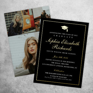 Elegant Black en Gold 3 Photo-Afstuderen Folie Uitnodiging