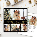 Elegant Black en Gold 4 Photo Collage Kerstmis Feestdagenkaart<br><div class="desc">Elegant Calligraphy Minimalist Black and Gold 4 Photo Collage Merry Kerstmis Script Holiday Kaart. Deze festieve, imitalistische, grillige sjabloon met vier (4) fotovakantiekaarten is voorzien van een fotocollage en zegt "Vrolijk kerstfeest"! De tekst van de groet "Merry Kerstmis" is geschreven in een mooi handgeschreven, donkergekleurd, met de hand geschreven lettertype...</div>