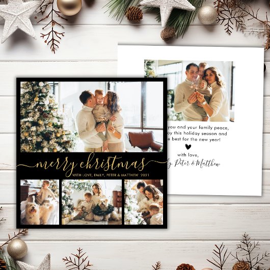 Elegant Black en Gold 4 Photo Collage Kerstmis Feestdagenkaart