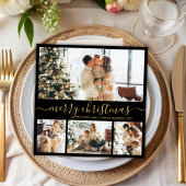 Elegant Black en Gold 4 Photo Collage Kerstmis Feestdagenkaart