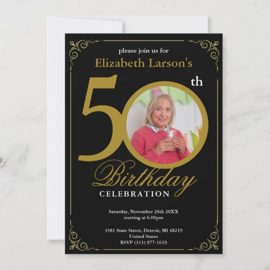 Elegant Black en Gold 50e verjaardag Kaart (Voorkant)