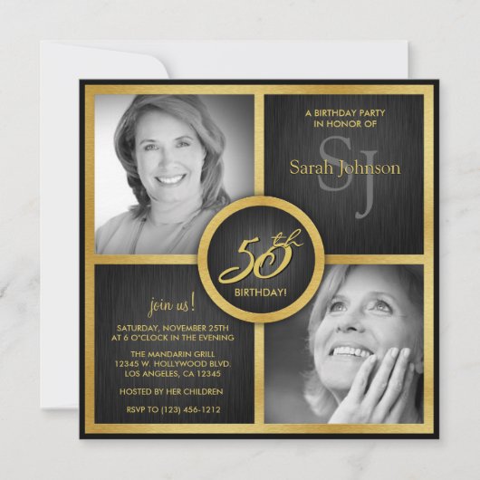 Elegant Black en Gold 50th Birthday Foto Kaart (Voorkant)