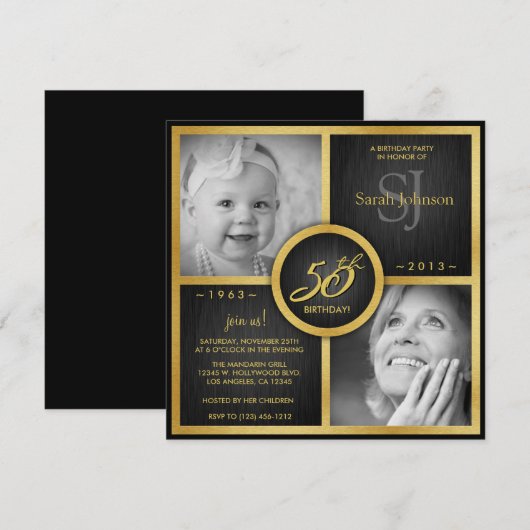 Elegant Black en Gold 50th Birthday Kaart (Voorkant / Achterkant)