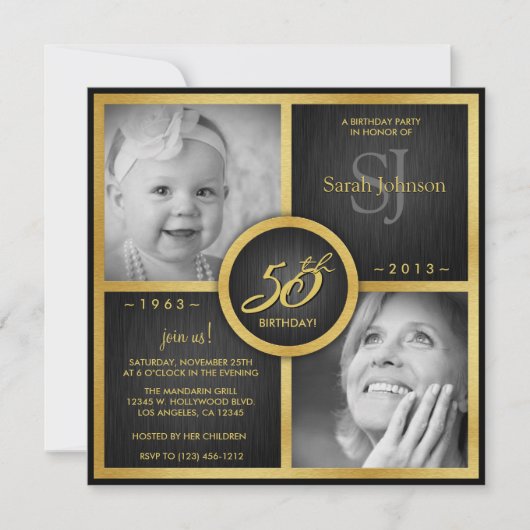 Elegant Black en Gold 50th Birthday Kaart (Voorkant)
