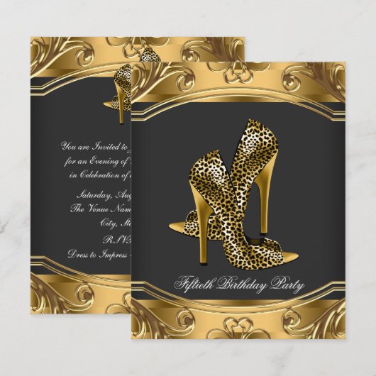 Elegant Black en Gold 50th Birthday Party Kaart (Voorkant / Achterkant)