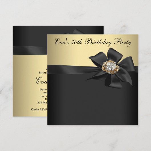 Elegant Black en Gold 50th Birthday Party Kaart (Voorkant / Achterkant)