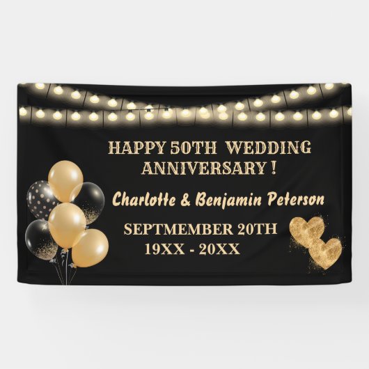 Elegant Black en Gold 50th Wedding Jubileum  Spandoek (Horizontaal)